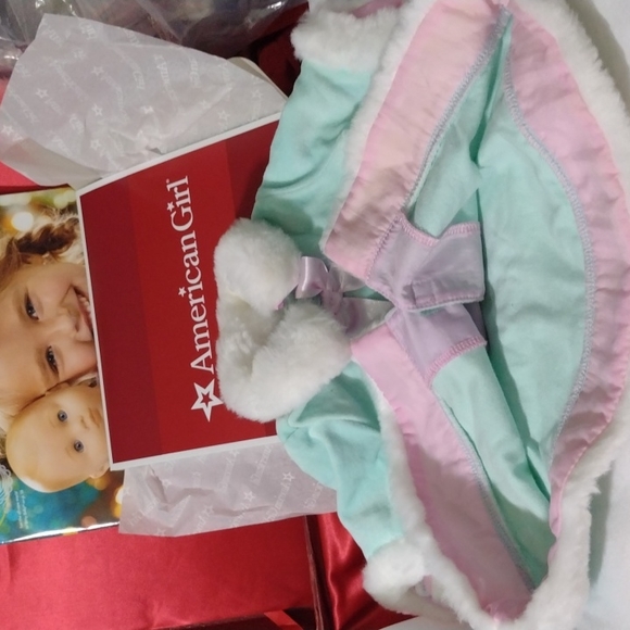 AMERICAN Girl Doll Fancy Velvet Mint Green Pink Bows Fur Cuffs Collar Bottom NWT - Picture 10 of 10